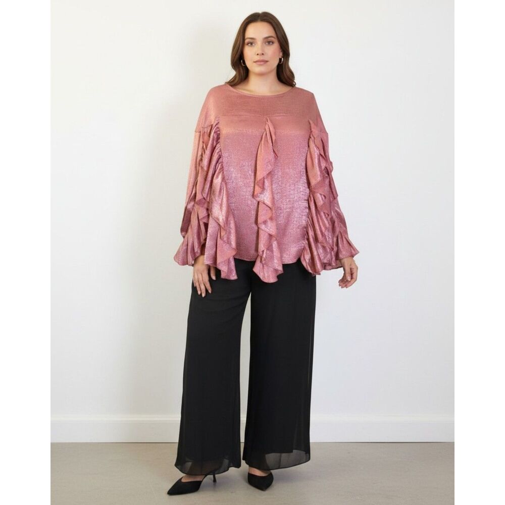 Ashley Stewart Pink Metallic Ruffle Long-sleeve Blush Pink Blouse, NWT! 18/20